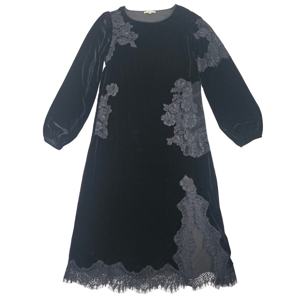 Gold Hawk Black Velvet Lace Applique Midi Dress Sample Size S